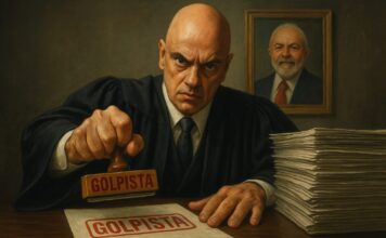 STF e TSE: Quando o Estado criminaliza a opinião Representação crítica de juiz corrupto com símbolos de censura, vigilância digital e repressão ideológica. Crítica ao STF e TSE após o 8 de Janeiro